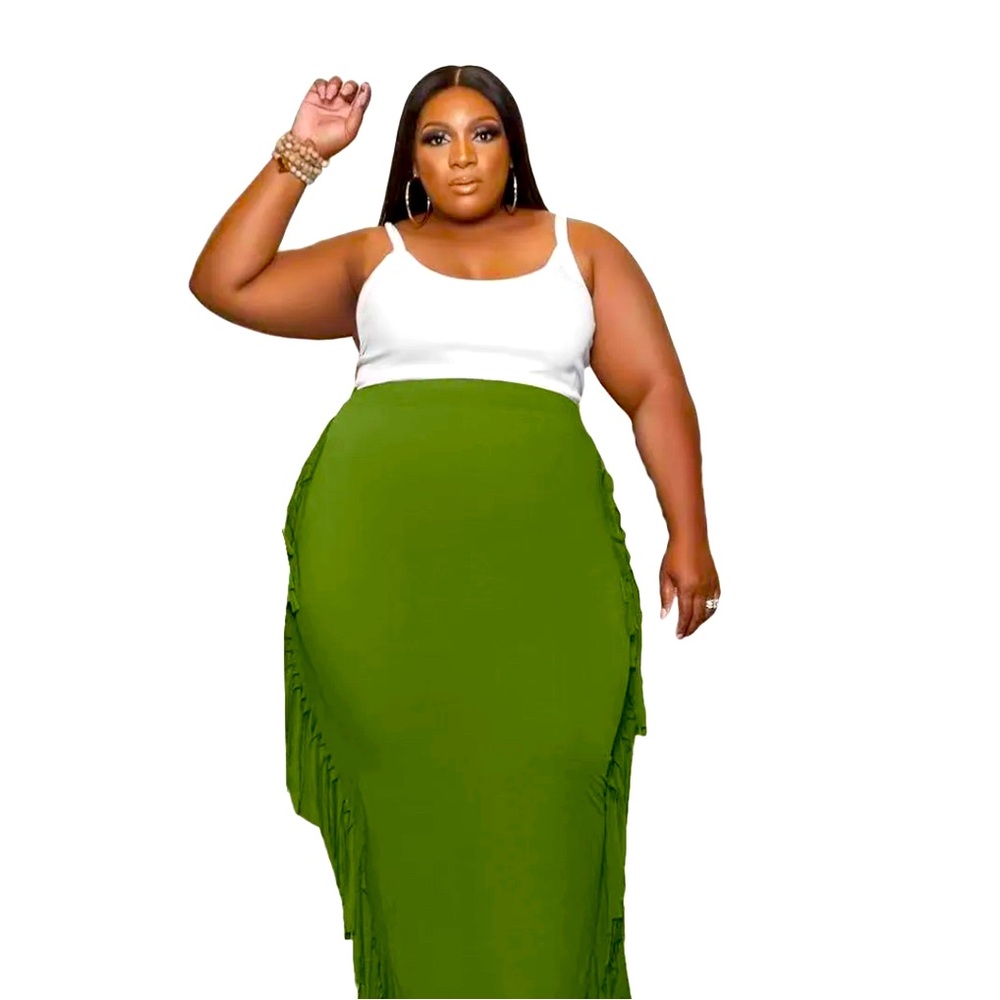 Plus Size Date Night Green Fringe Skirt